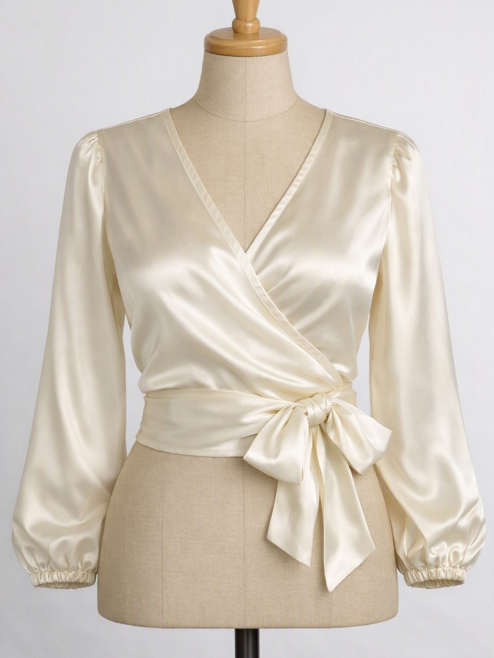 Silky Ivory Wrap Tie Blouse with V-Neck